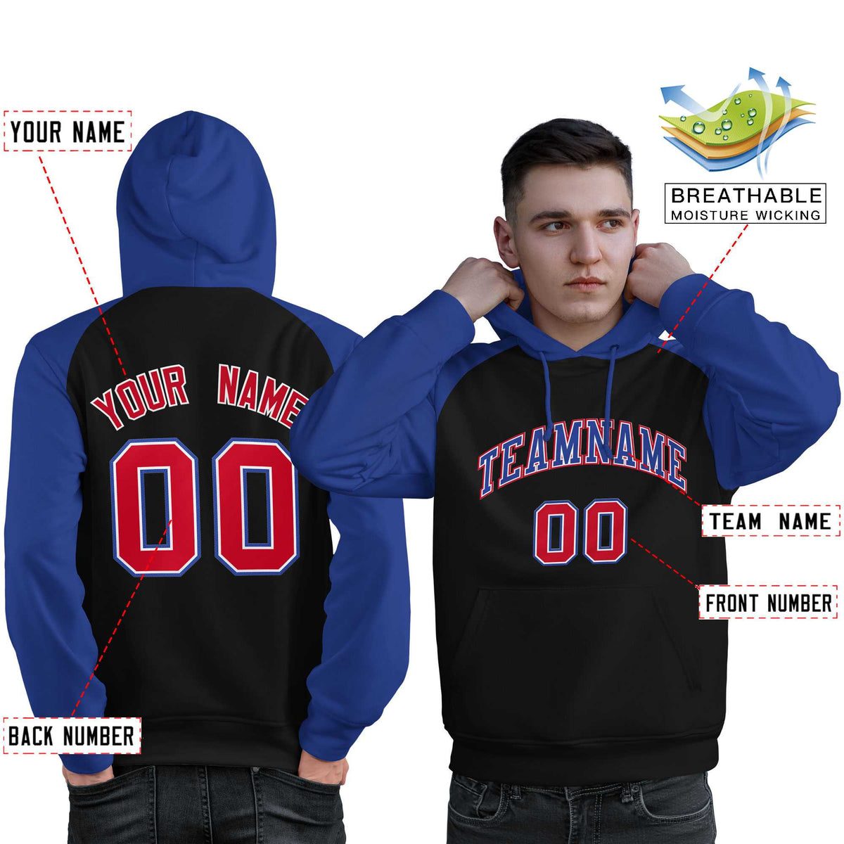 Custom Stitched Black Royal Raglan Sleeves Sports Pullover Sweatshirt Hoodie For Men| KXKSHOP