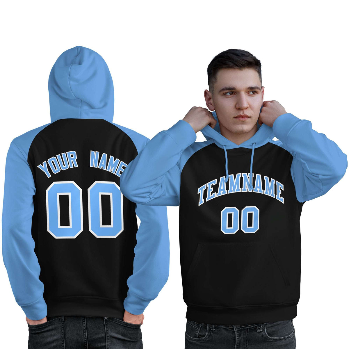 Custom Stitched Black Powder Blue Raglan Sleeves Sports Pullover Sweatshirt Hoodie For Men| KXKSHOP