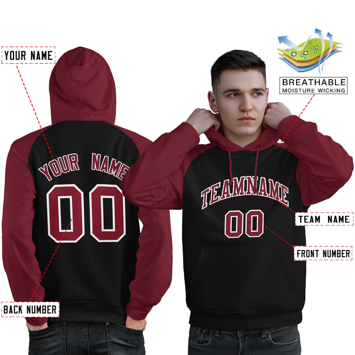 Custom Stitched Black Crimson Raglan Sleeves Sports Pullover Sweatshirt Hoodie For Men| KXKSHOP