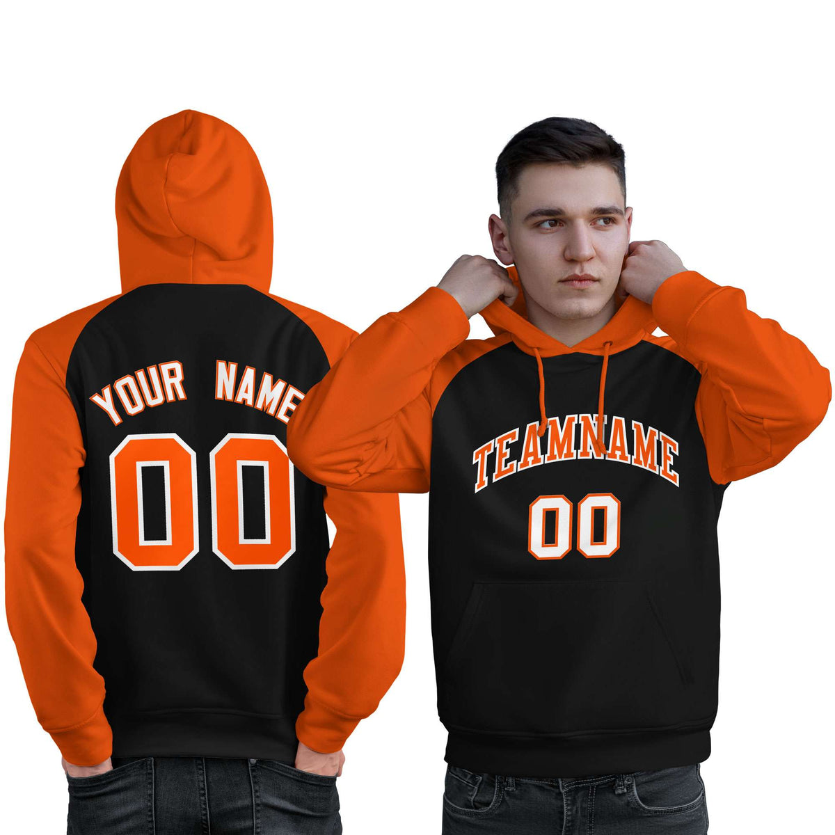 Custom Stitched Black Orange Raglan Sleeves Sports Pullover Sweatshirt Hoodie For Men| KXKSHOP
