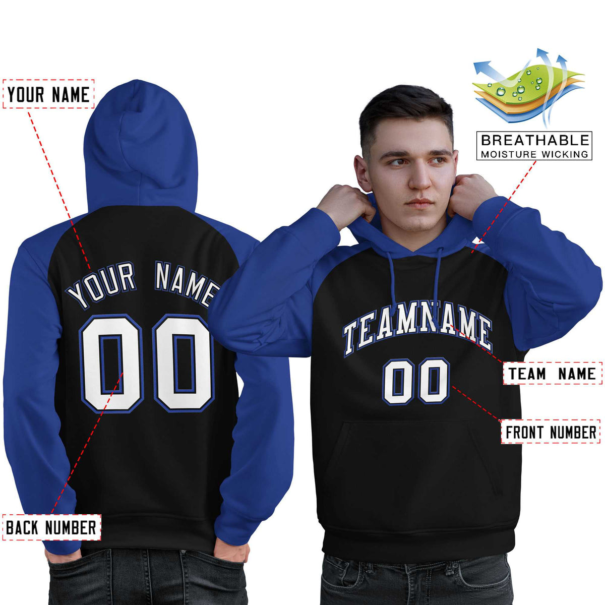 Custom Stitched Black Royal-White Raglan Sleeves Sports Pullover Sweatshirt Hoodie For Men| KXKSHOP