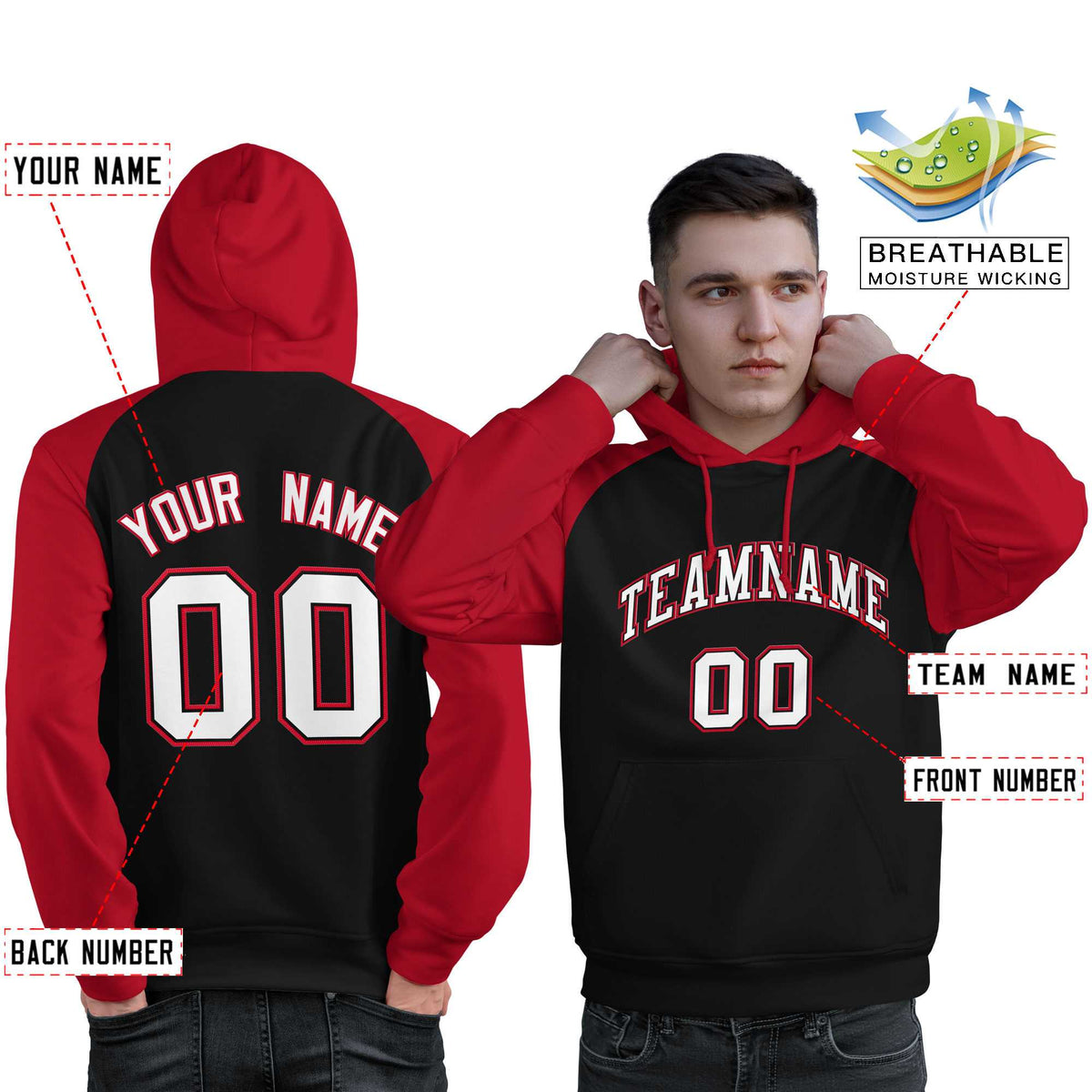 Custom Stitched Black Red-White Raglan Sleeves Sports Pullover Sweatshirt Hoodie For Men| KXKSHOP