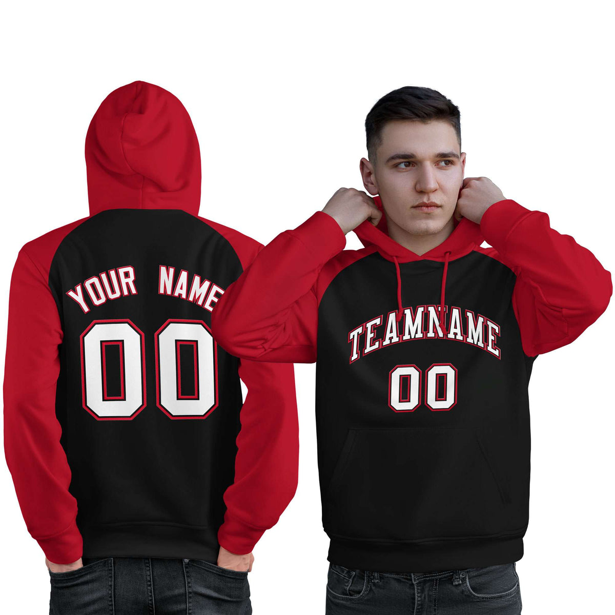 Custom Stitched Black Red-White Raglan Sleeves Sports Pullover Sweatshirt Hoodie For Men| KXKSHOP