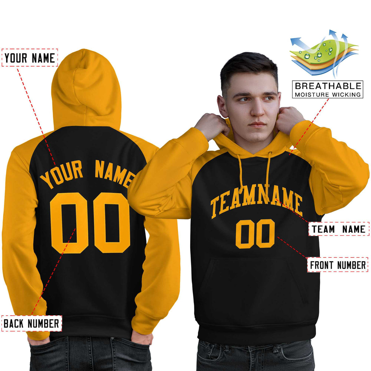 Custom Stitched Black Gold Raglan Sleeves Sports Pullover Sweatshirt Hoodie For Men| KXKSHOP
