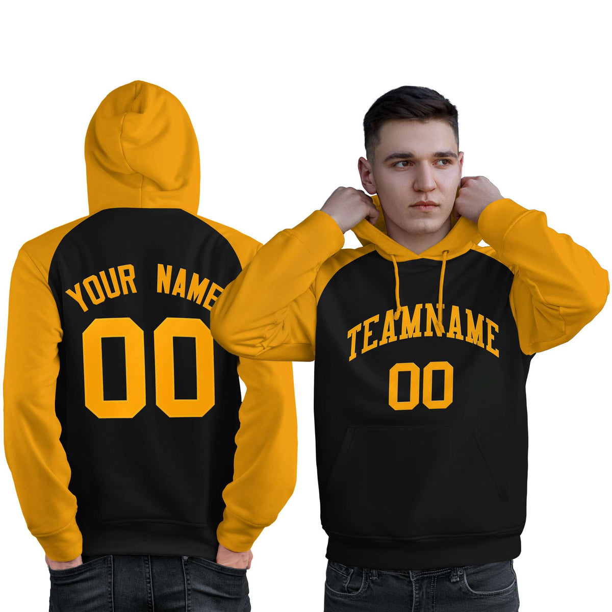 Custom Stitched Black Gold Raglan Sleeves Sports Pullover Sweatshirt Hoodie For Men| KXKSHOP