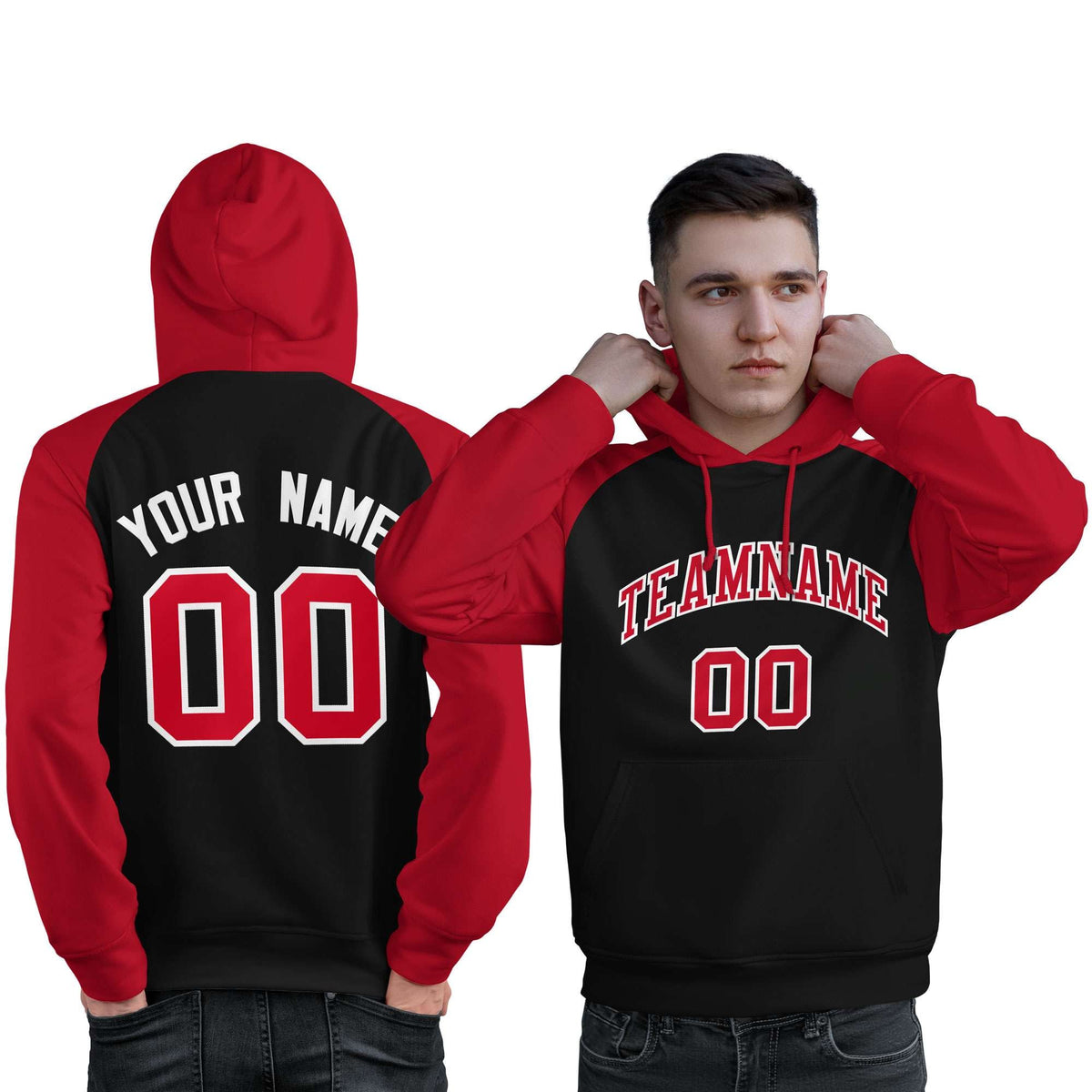 Custom Stitched Black Red Raglan Sleeves Sports Pullover Sweatshirt Hoodie For Men| KXKSHOP