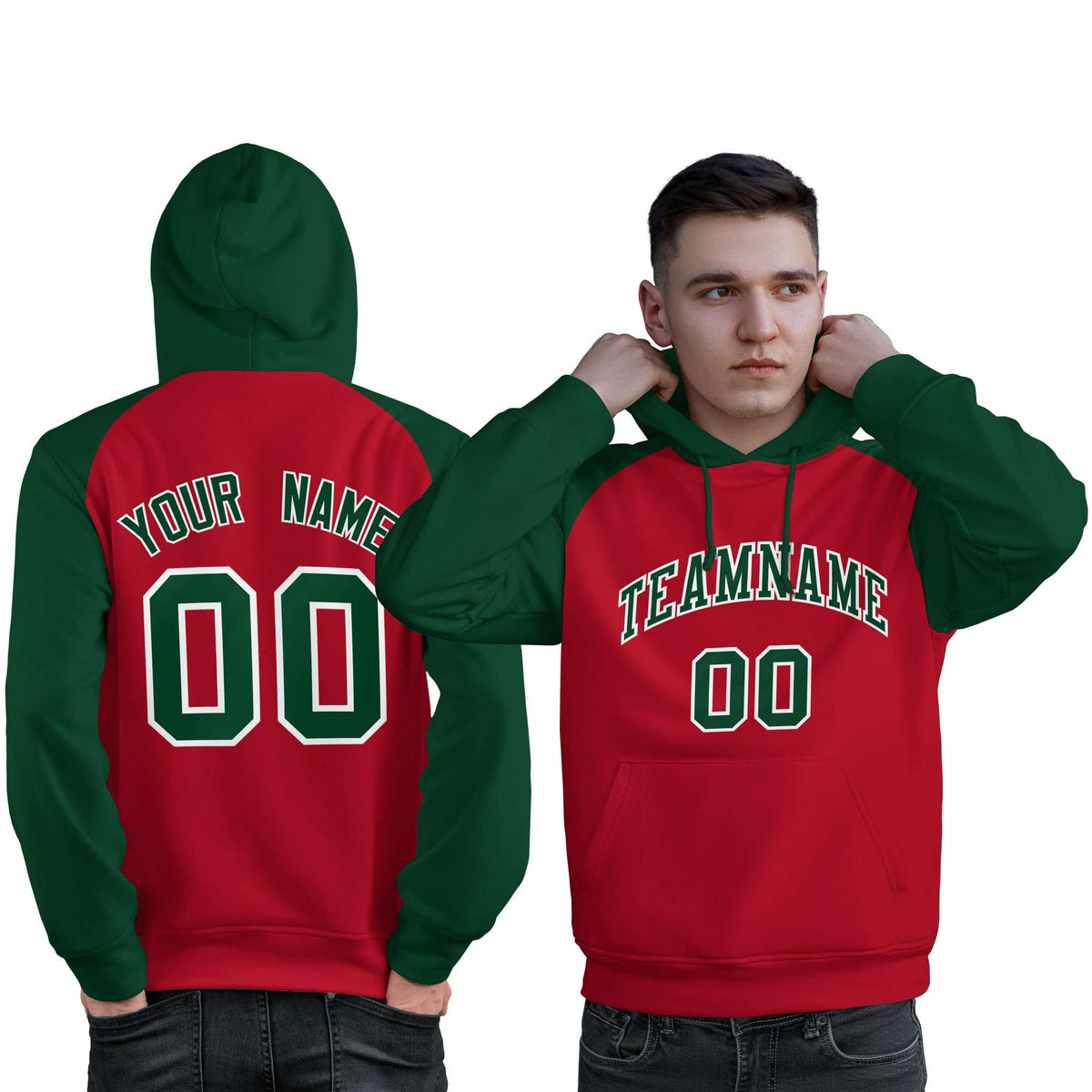 Custom Stitched Red Green Raglan Sleeves Sports Pullover Sweatshirt Hoodie For Men| KXKSHOP