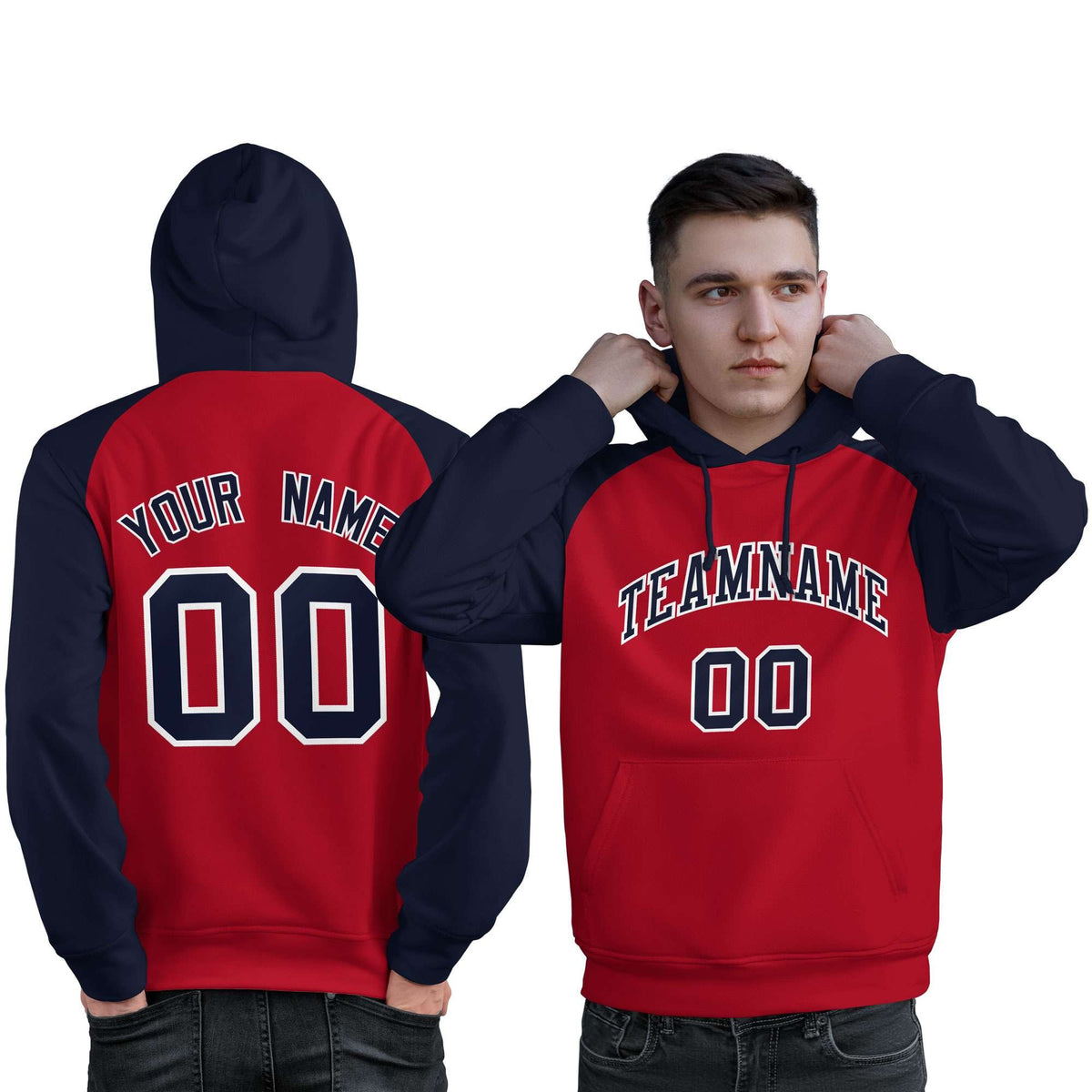 Custom Stitched Red Navy Raglan Sleeves Sports Pullover Sweatshirt Hoodie For Men| KXKSHOP