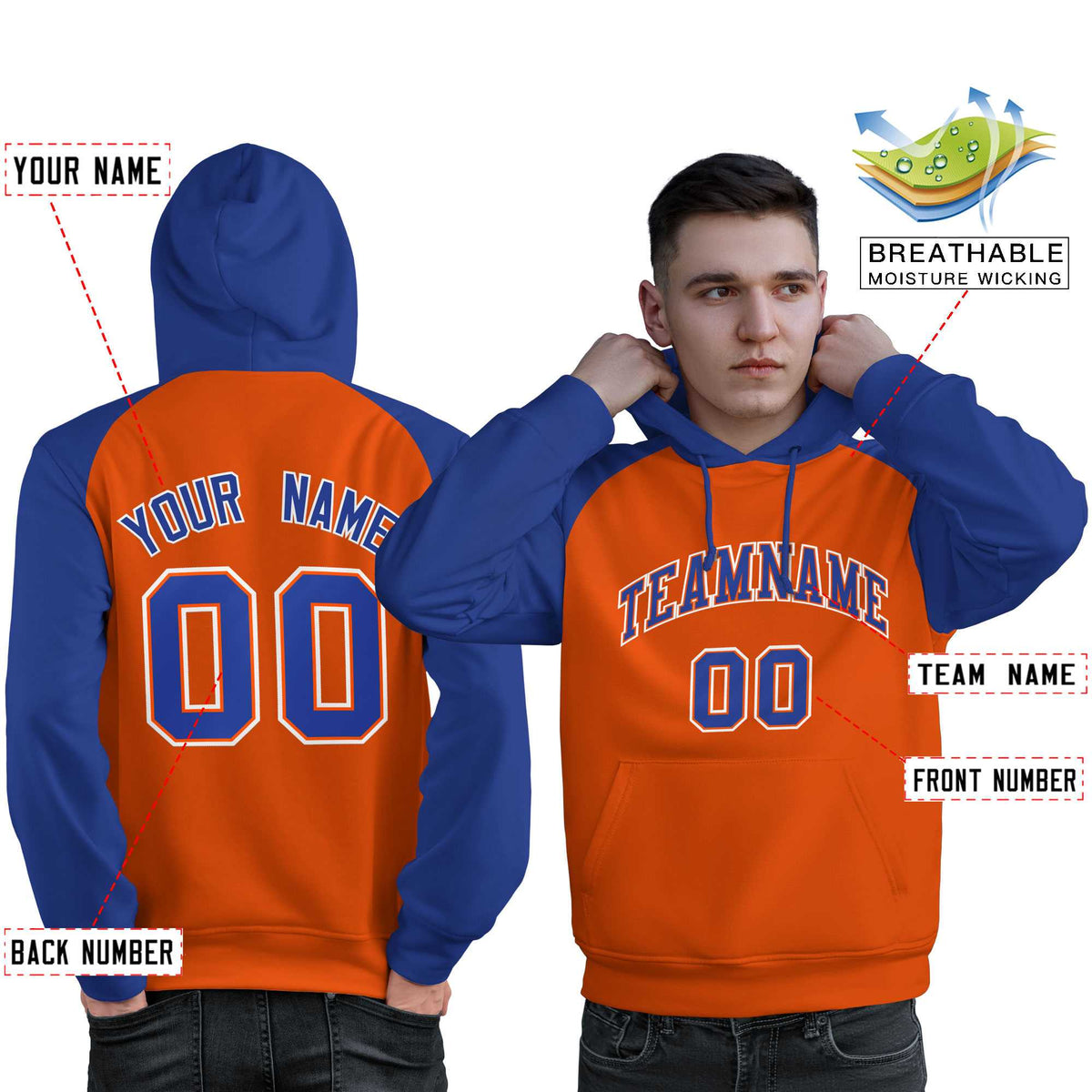 Custom Stitched Orange Royal Raglan Sleeves Sports Pullover Sweatshirt Hoodie For Men| KXKSHOP