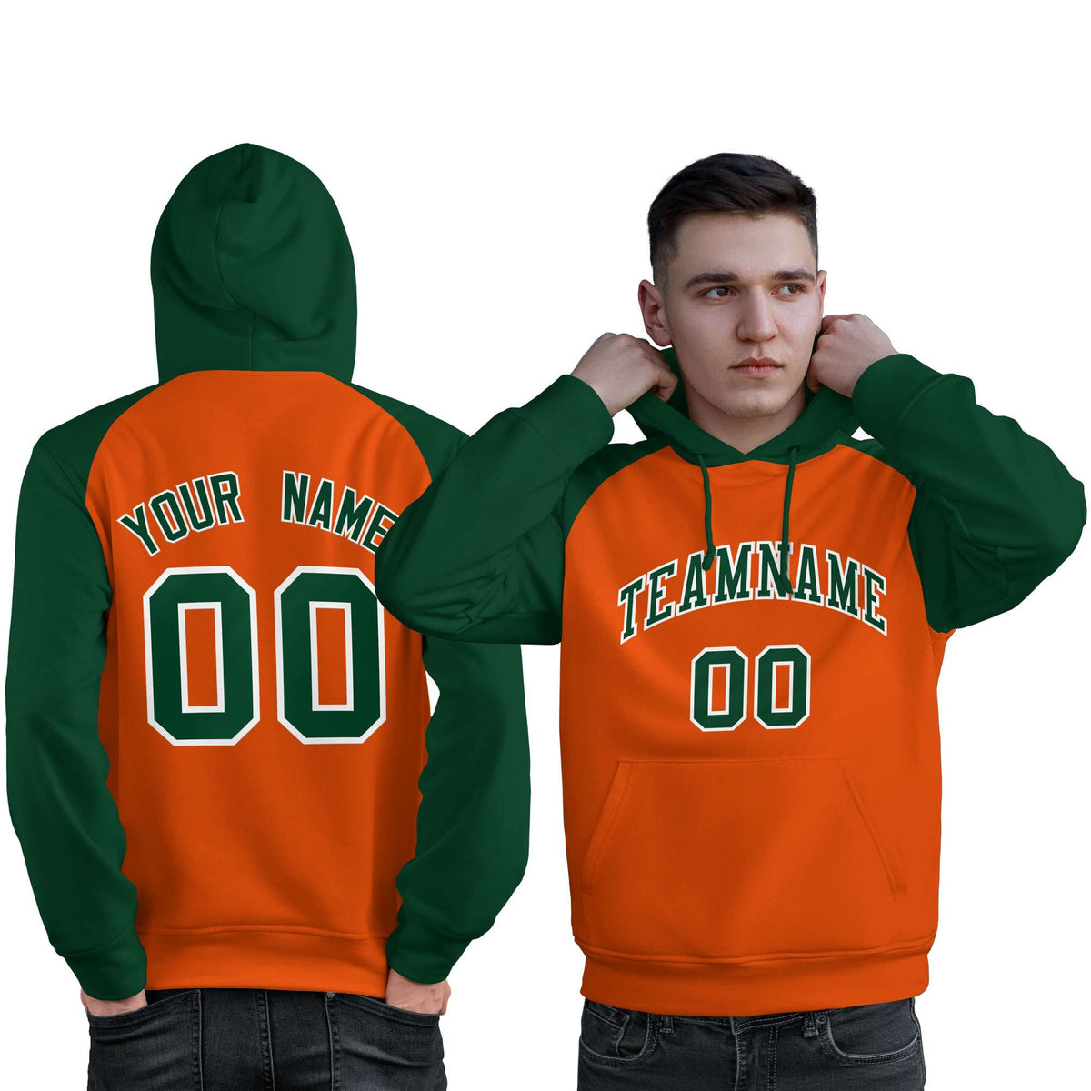Custom Stitched Orange Green Raglan Sleeves Sports Pullover Sweatshirt Hoodie For Men| KXKSHOP