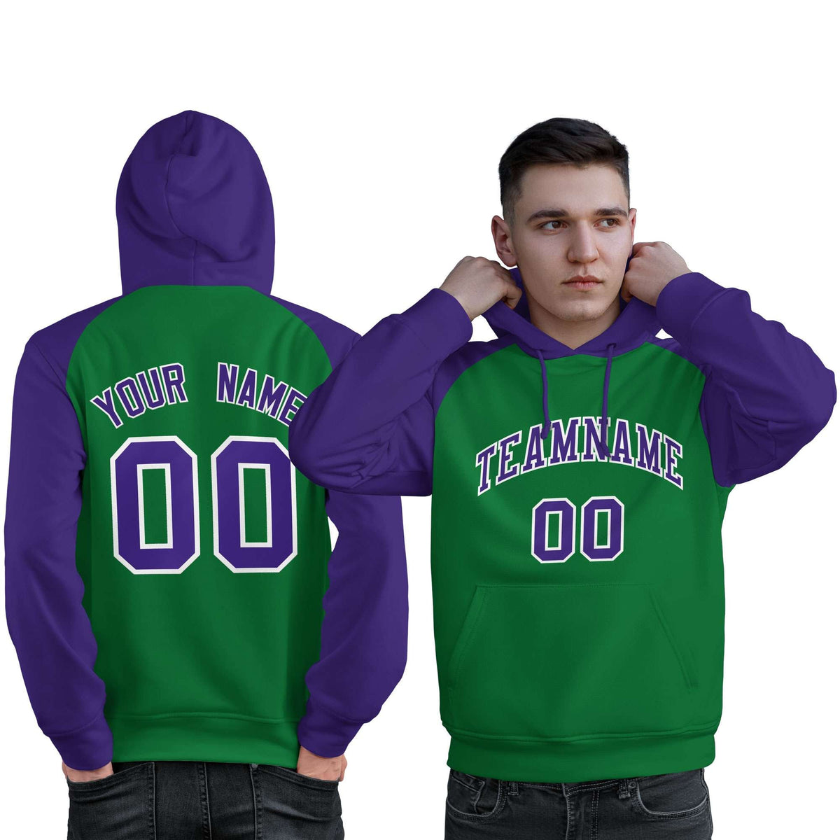 Custom Stitched Kelly Green Purple Raglan Sleeves Sports Pullover Sweatshirt Hoodie For Men| KXKSHOP