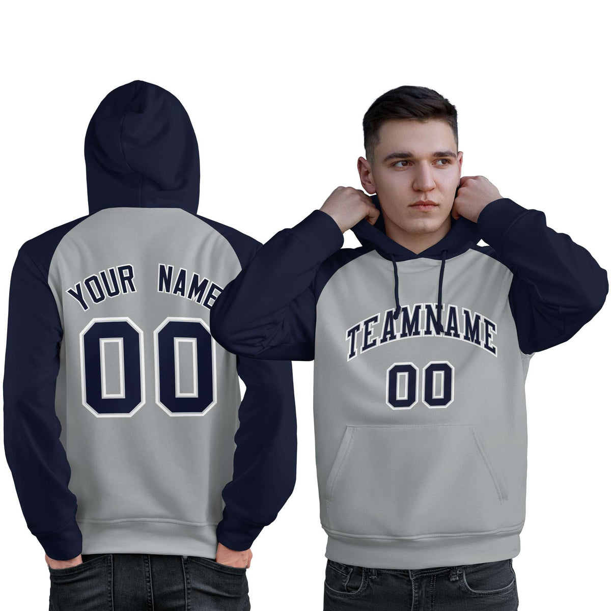 Custom Stitched Gray Navy Raglan Sleeves Sports Pullover Sweatshirt Hoodie For Men| KXKSHOP