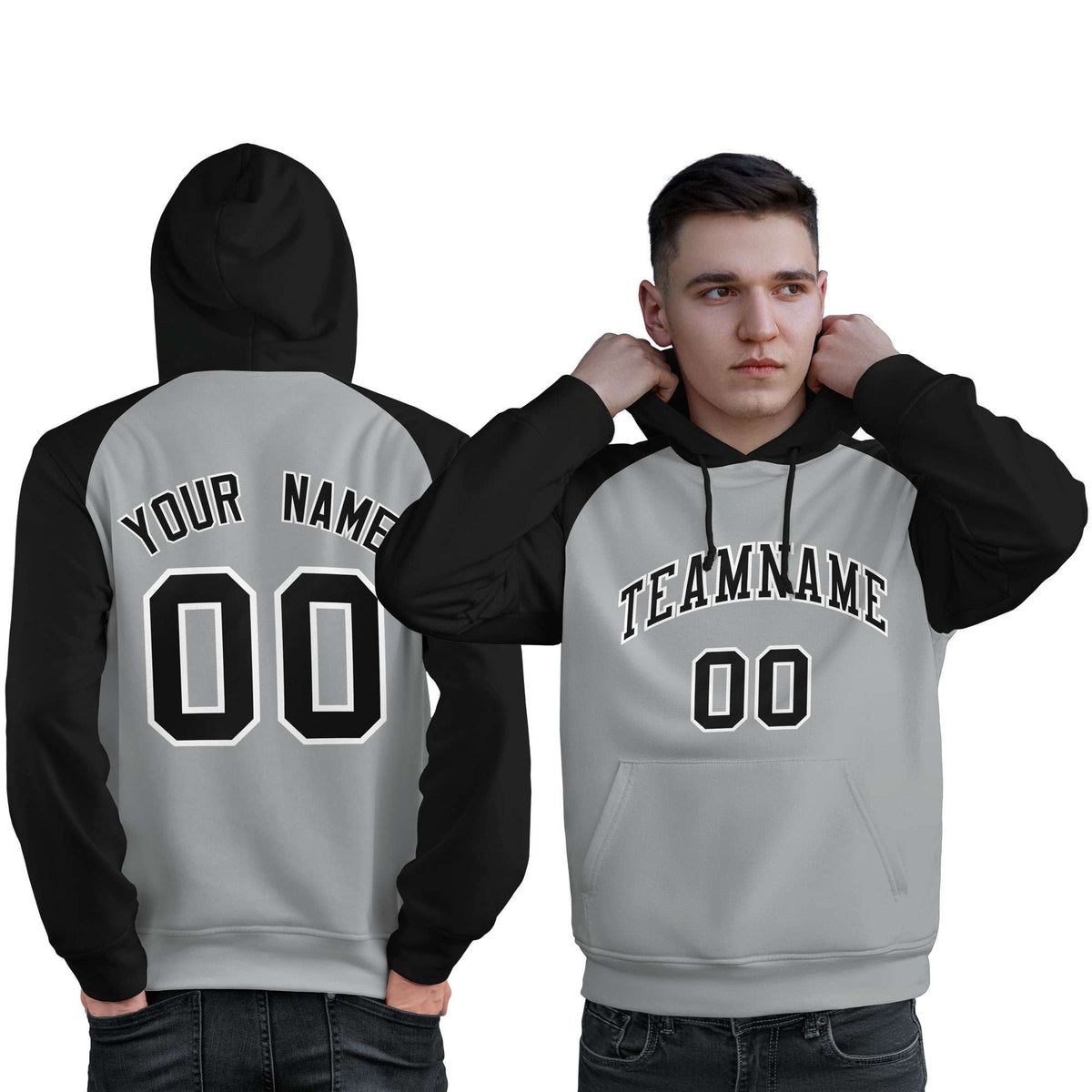 Custom Stitched Gray Black Raglan Sleeves Sports Pullover Sweatshirt Hoodie For Men| KXKSHOP