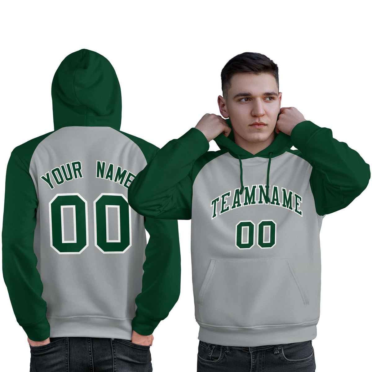 Custom Stitched Gray Green Raglan Sleeves Sports Pullover Sweatshirt Hoodie For Men| KXKSHOP