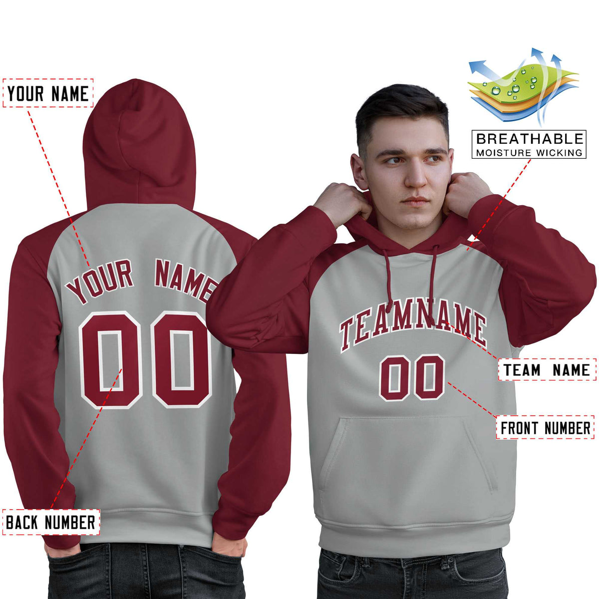 Custom Stitched Gray Crimson Raglan Sleeves Sports Pullover Sweatshirt Hoodie For Men| KXKSHOP