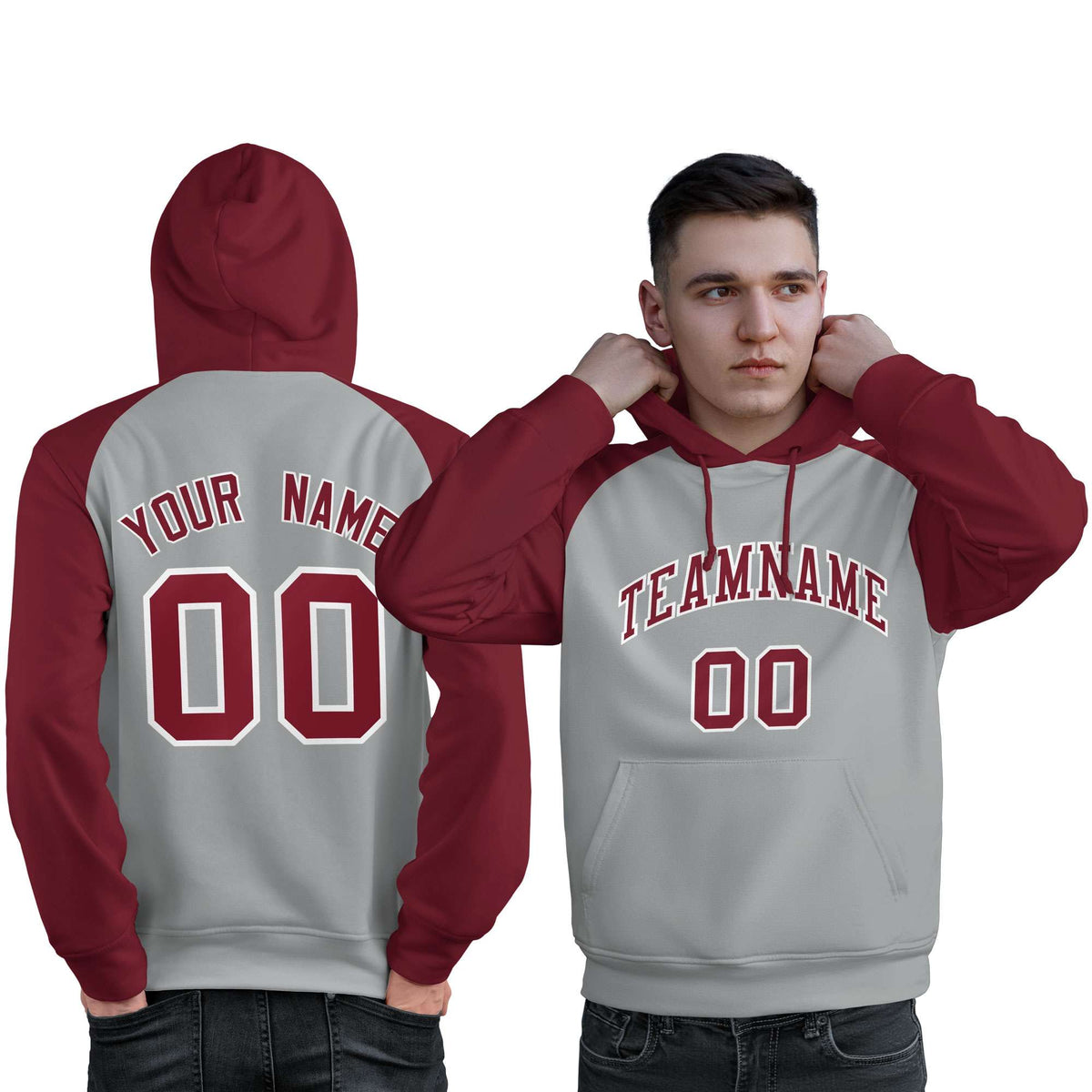 Custom Stitched Gray Crimson Raglan Sleeves Sports Pullover Sweatshirt Hoodie For Men| KXKSHOP