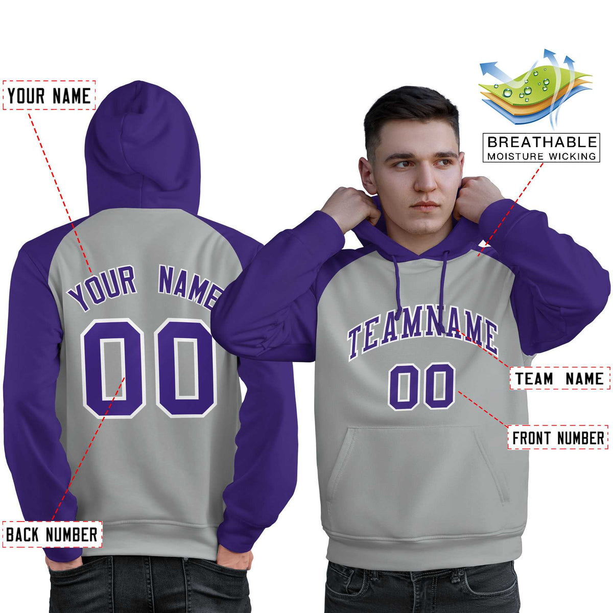 Custom Stitched Gray Purple Raglan Sleeves Sports Pullover Sweatshirt Hoodie For Men| KXKSHOP