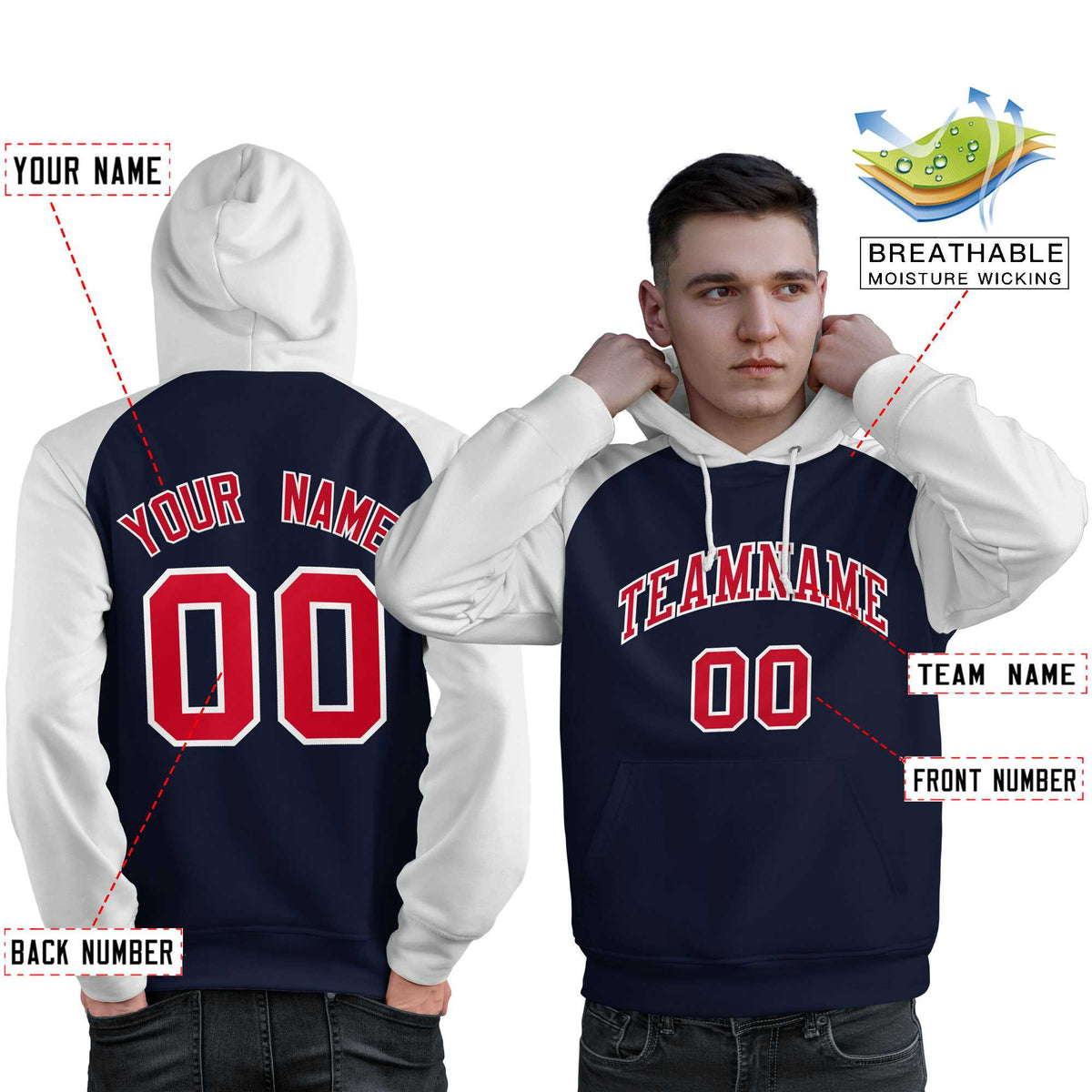 Custom Stitched Navy White-Red Raglan Sleeves Sports Pullover Sweatshirt Hoodie For Men| KXKSHOP