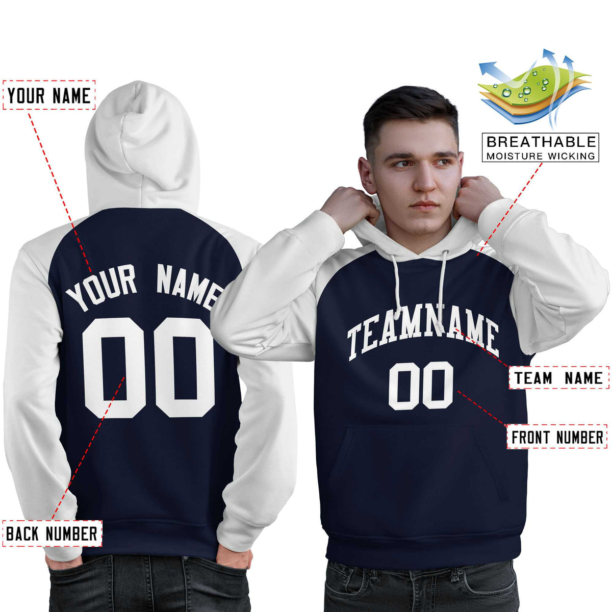 Custom Stitched Navy White Raglan Sleeves Sports Pullover Sweatshirt Hoodie For Men| KXKSHOP