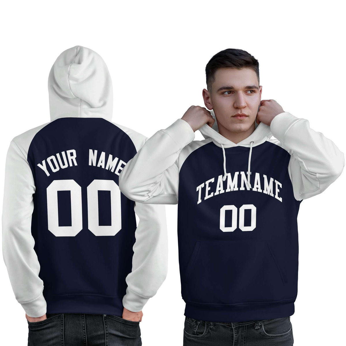 Custom Stitched Navy White Raglan Sleeves Sports Pullover Sweatshirt Hoodie For Men| KXKSHOP