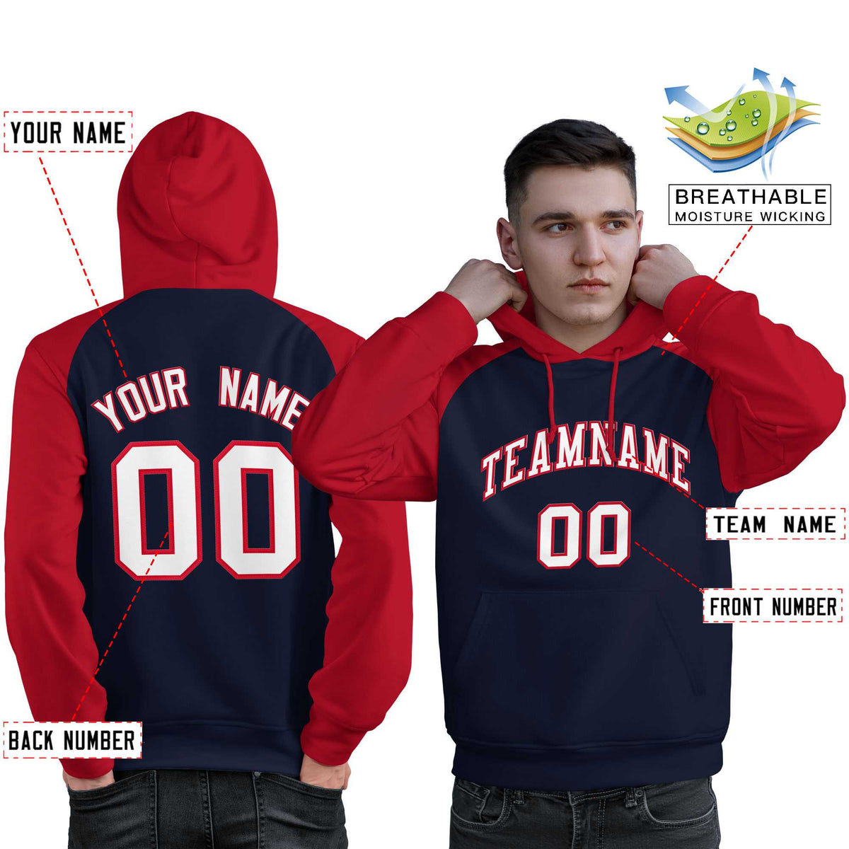 Custom Stitched Navy Red-White Raglan Sleeves Sports Pullover Sweatshirt Hoodie For Men| KXKSHOP