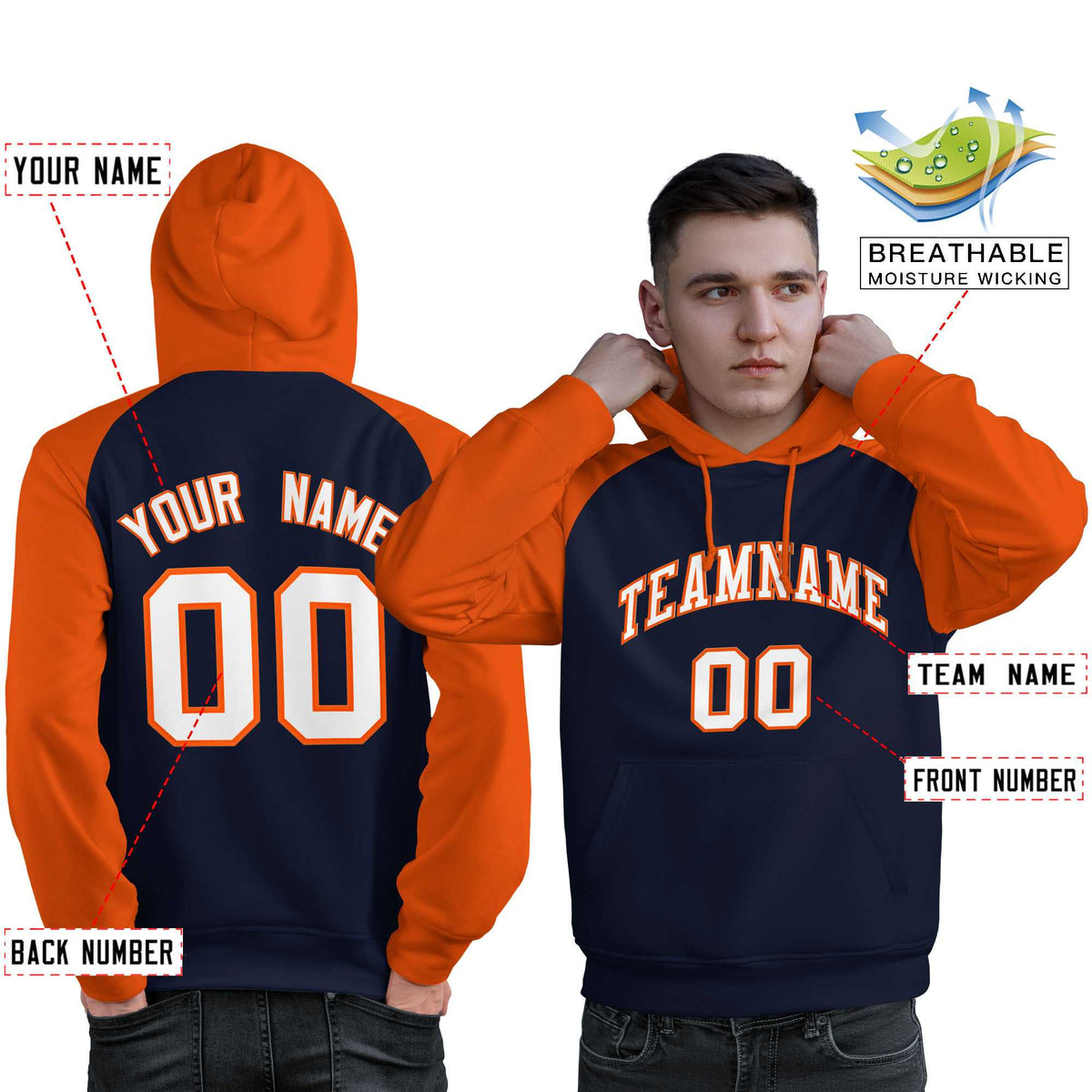 Custom Stitched Navy Orange-White Raglan Sleeves Sports Pullover Sweatshirt Hoodie For Men| KXKSHOP