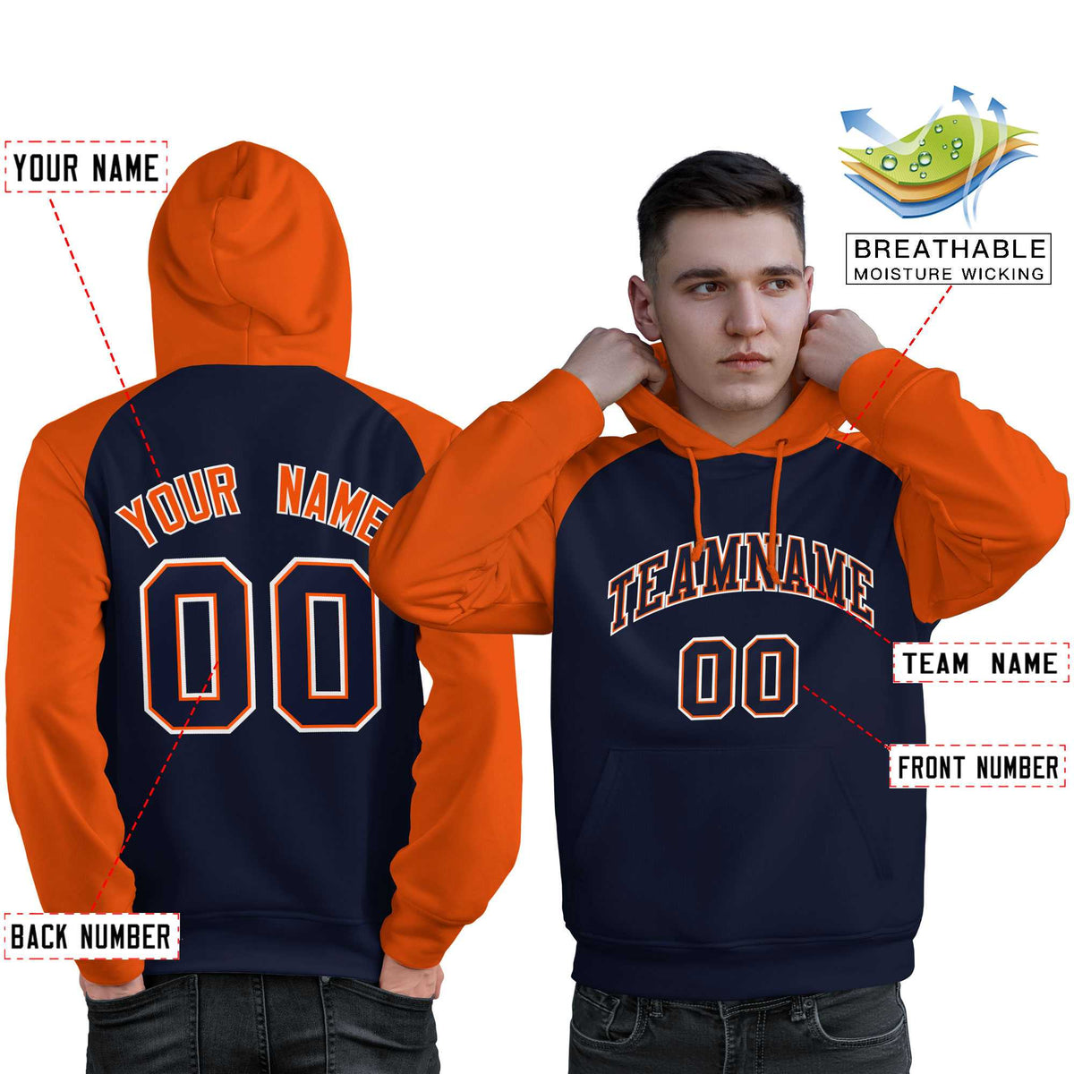 Custom Stitched Navy Orange Raglan Sleeves Sports Pullover Sweatshirt Hoodie For Men| KXKSHOP