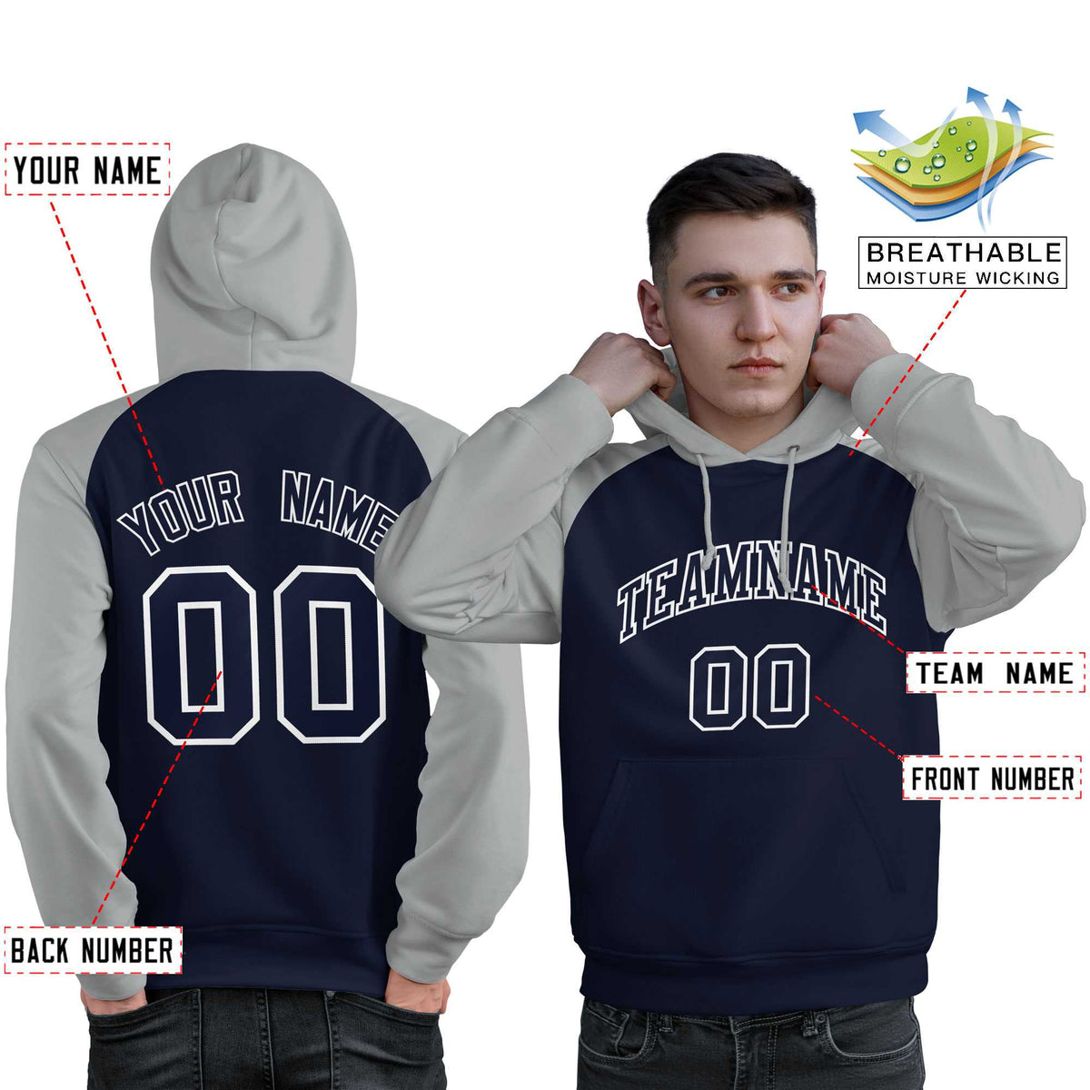 Custom Stitched Navy Gray Raglan Sleeves Sports Pullover Sweatshirt Hoodie For Men| KXKSHOP