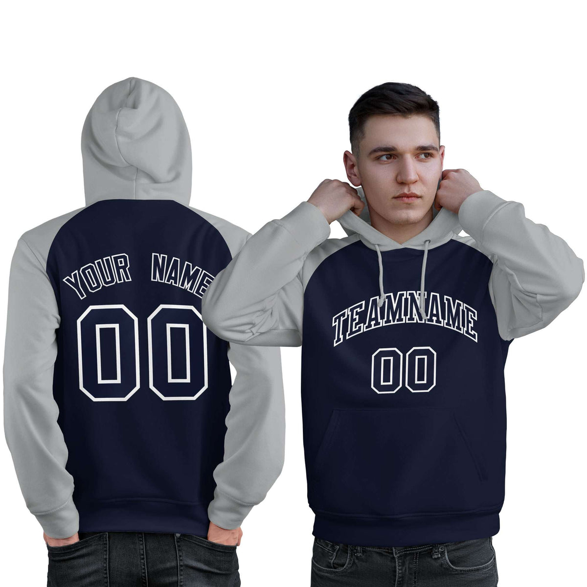 Custom Stitched Navy Gray Raglan Sleeves Sports Pullover Sweatshirt Hoodie For Men| KXKSHOP