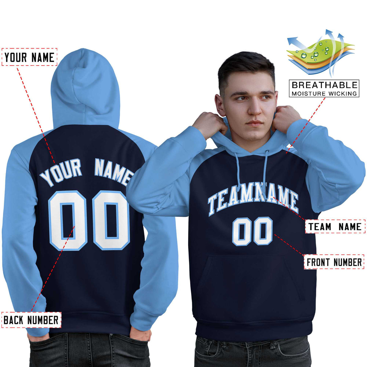 Custom Stitched Navy Powder Blue-White Raglan Sleeves Sports Pullover Sweatshirt Hoodie For Men| KXKSHOP