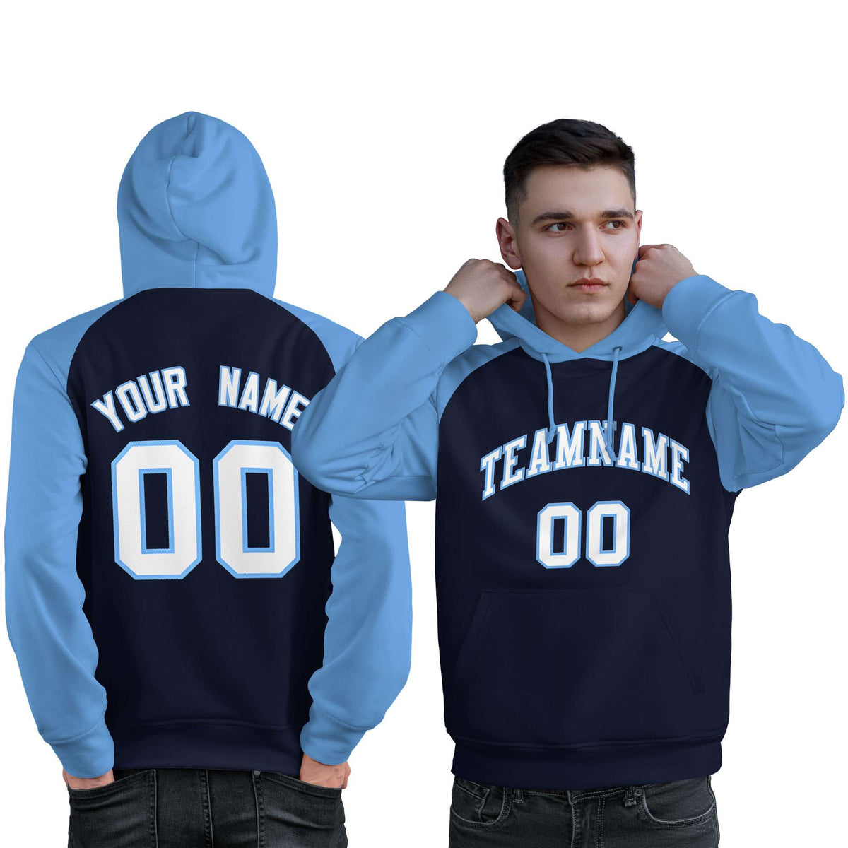 Custom Stitched Navy Powder Blue-White Raglan Sleeves Sports Pullover Sweatshirt Hoodie For Men| KXKSHOP