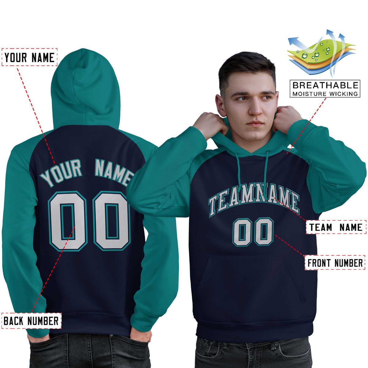 Custom Stitched Navy Aqua-Gray Raglan Sleeves Sports Pullover Sweatshirt Hoodie For Men| KXKSHOP