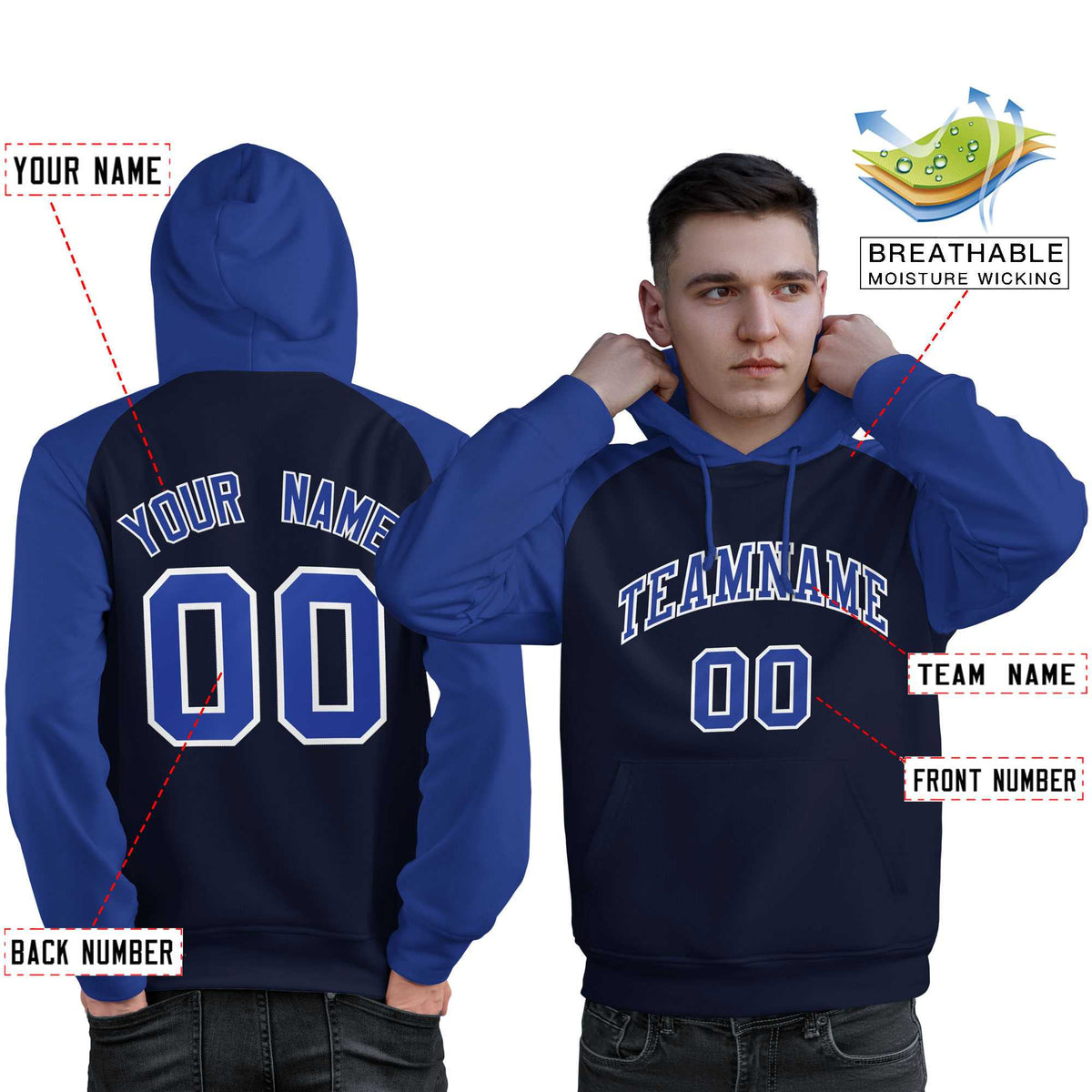 Custom Stitched Navy Royal Raglan Sleeves Sports Pullover Sweatshirt Hoodie For Men| KXKSHOP