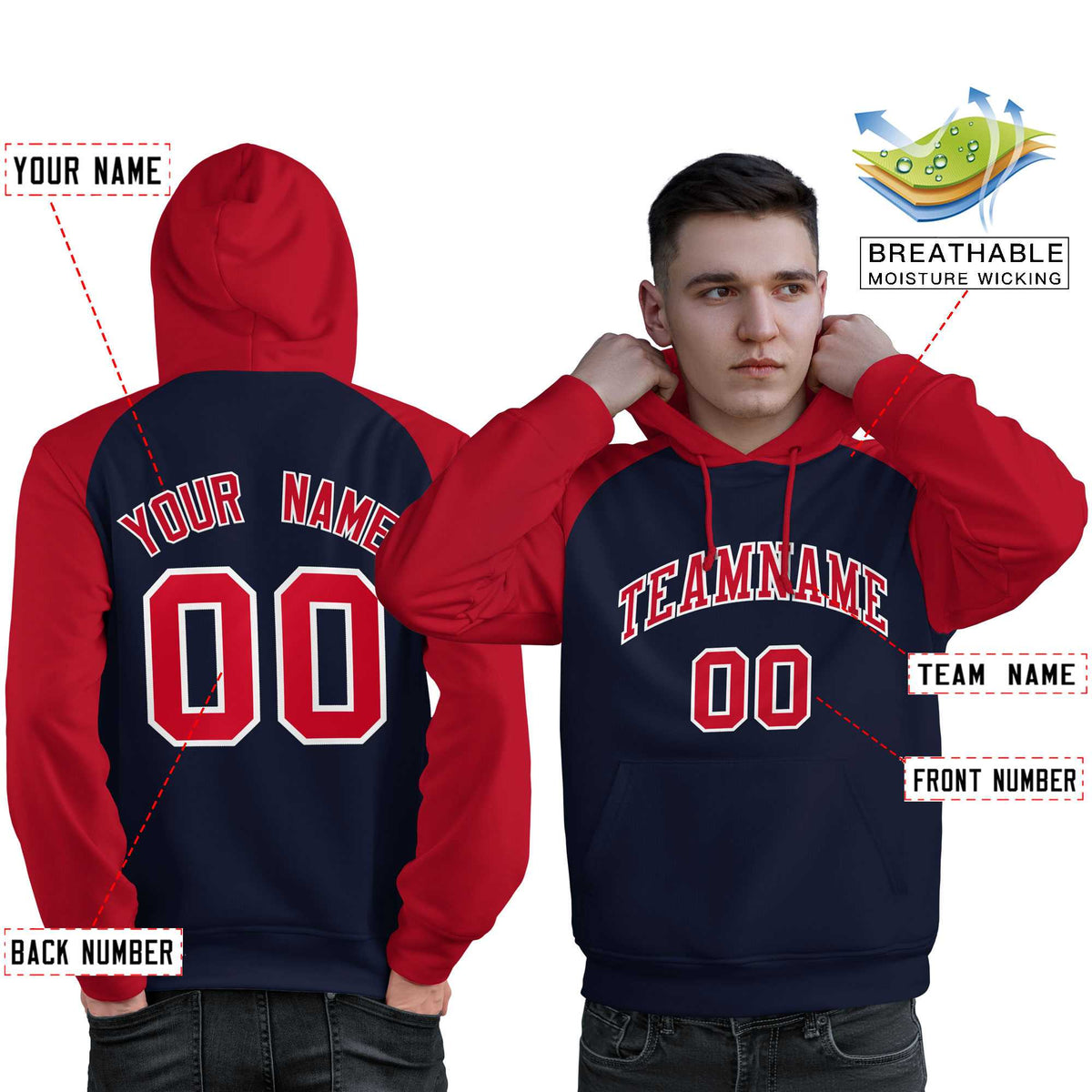 Custom Stitched Navy Red Raglan Sleeves Sports Pullover Sweatshirt Hoodie For Men| KXKSHOP