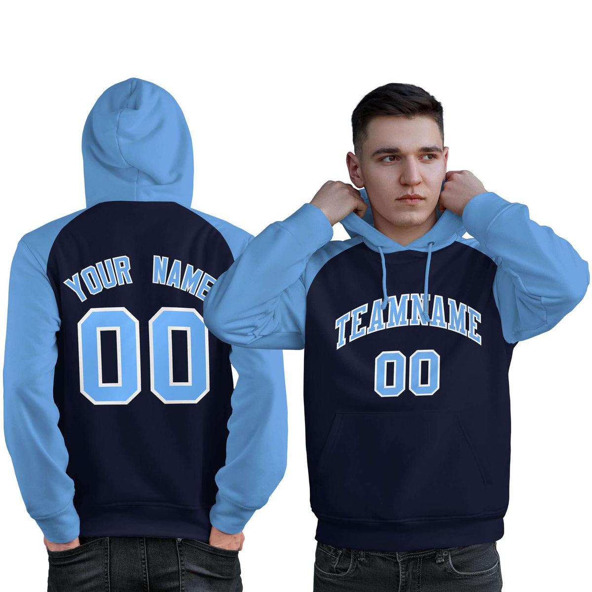 Custom Stitched Navy Powder Blue Raglan Sleeves Sports Pullover Sweatshirt Hoodie For Men| KXKSHOP