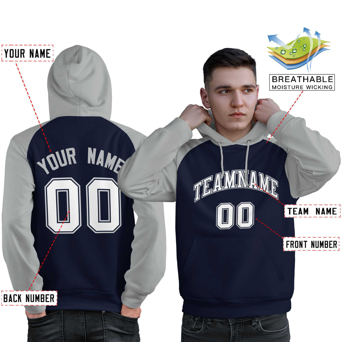 Custom Stitched Navy Gray-White Raglan Sleeves Sports Pullover Sweatshirt Hoodie For Men| KXKSHOP