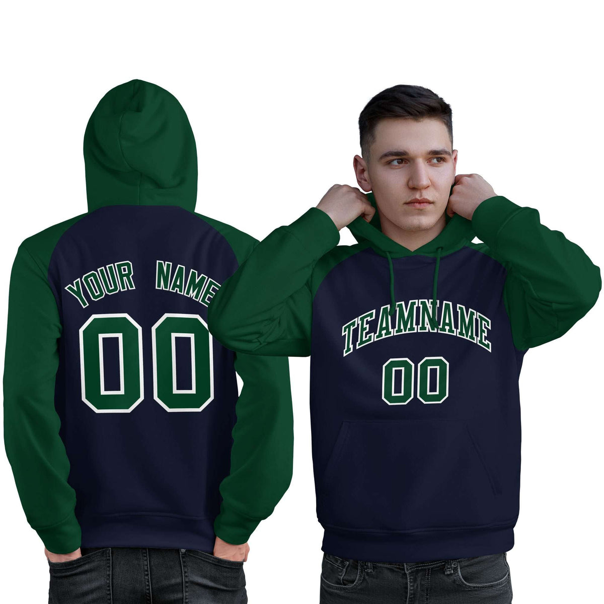 Custom Stitched Navy Green Raglan Sleeves Sports Pullover Sweatshirt Hoodie For Men| KXKSHOP