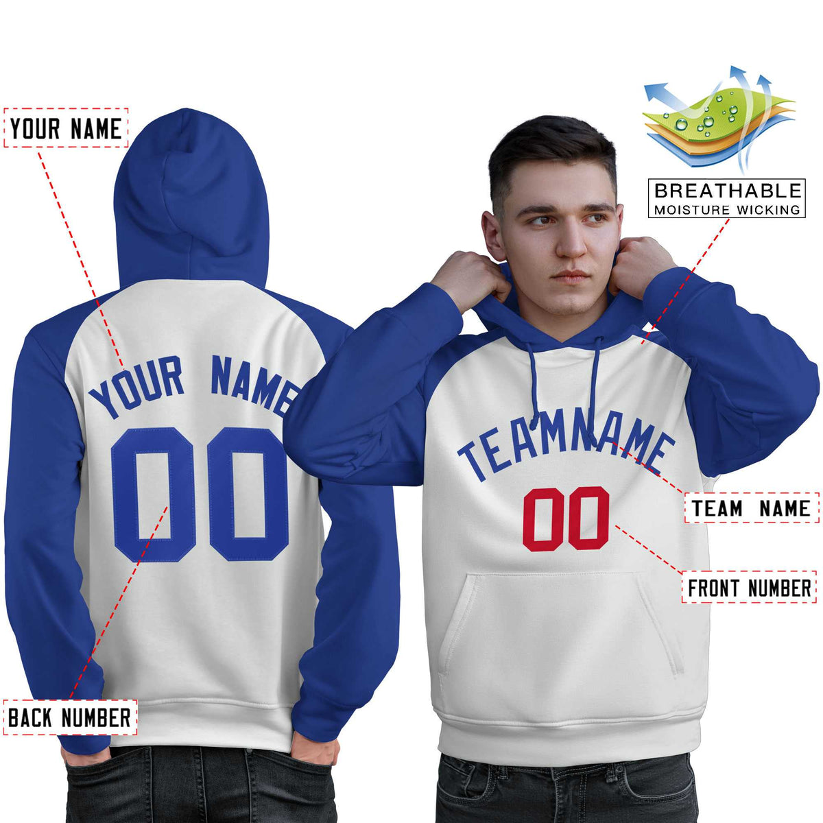 Custom Stitched White Royal Raglan Sleeves Sports Pullover Sweatshirt Hoodie For Men| KXKSHOP