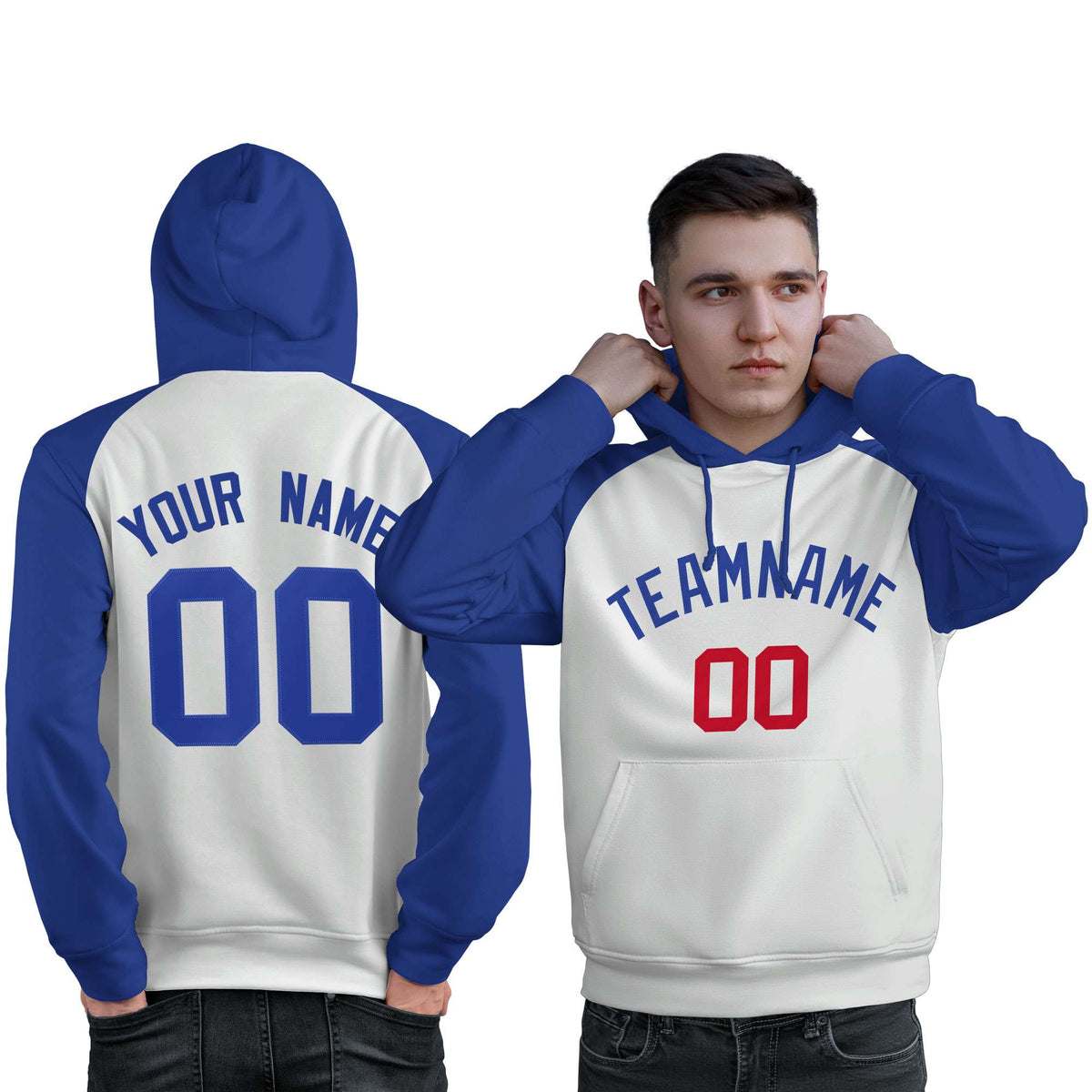 Custom Stitched White Royal Raglan Sleeves Sports Pullover Sweatshirt Hoodie For Men| KXKSHOP