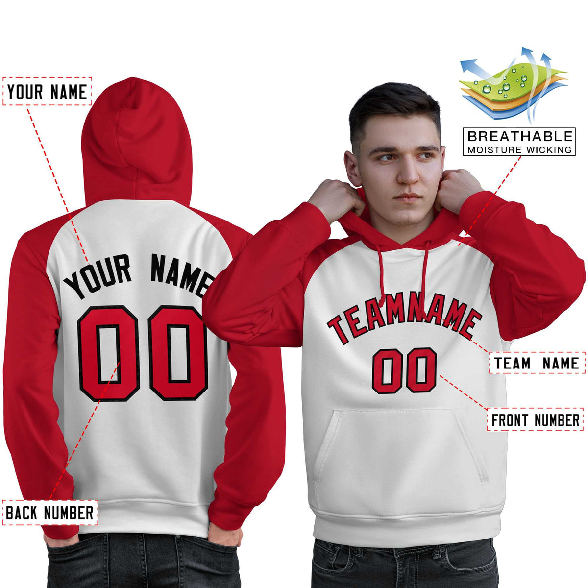 Custom Stitched White Red Raglan Sleeves Sports Pullover Sweatshirt Hoodie For Men| KXKSHOP