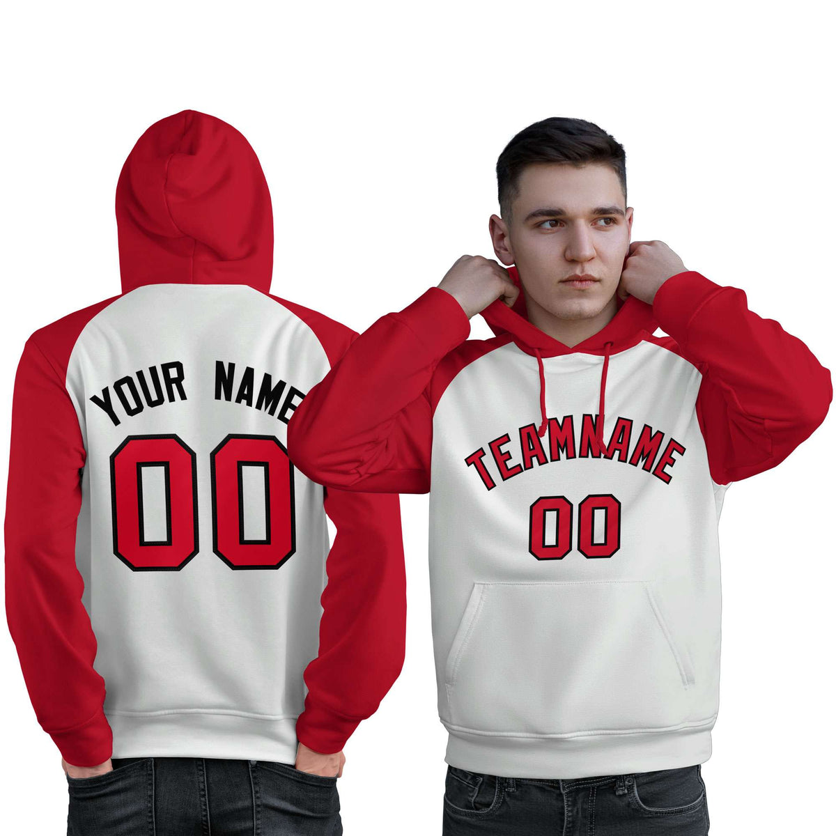 Custom Stitched White Red Raglan Sleeves Sports Pullover Sweatshirt Hoodie For Men| KXKSHOP