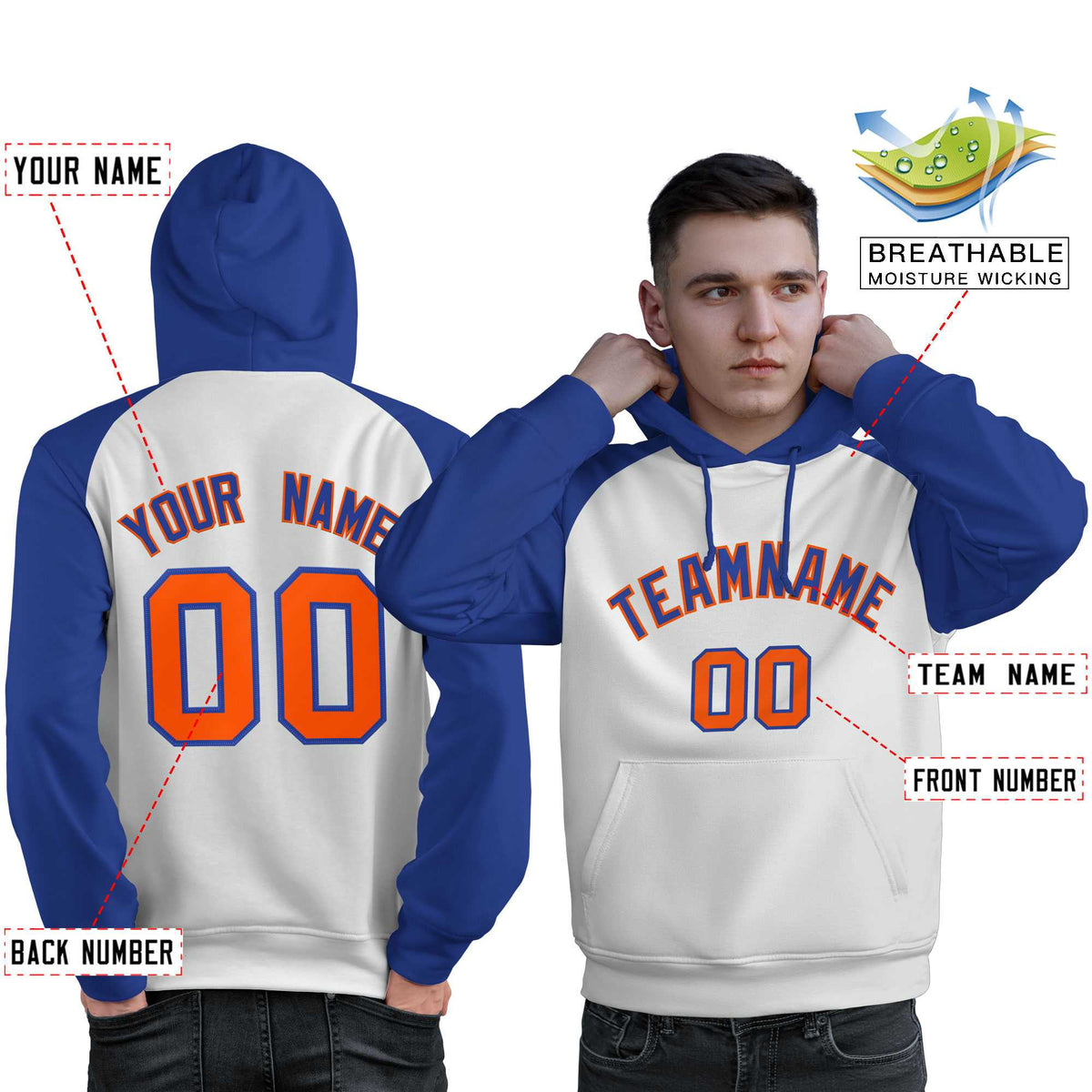Custom Stitched White Royal Raglan Sleeves Sports Pullover Sweatshirt Hoodie For Men| KXKSHOP