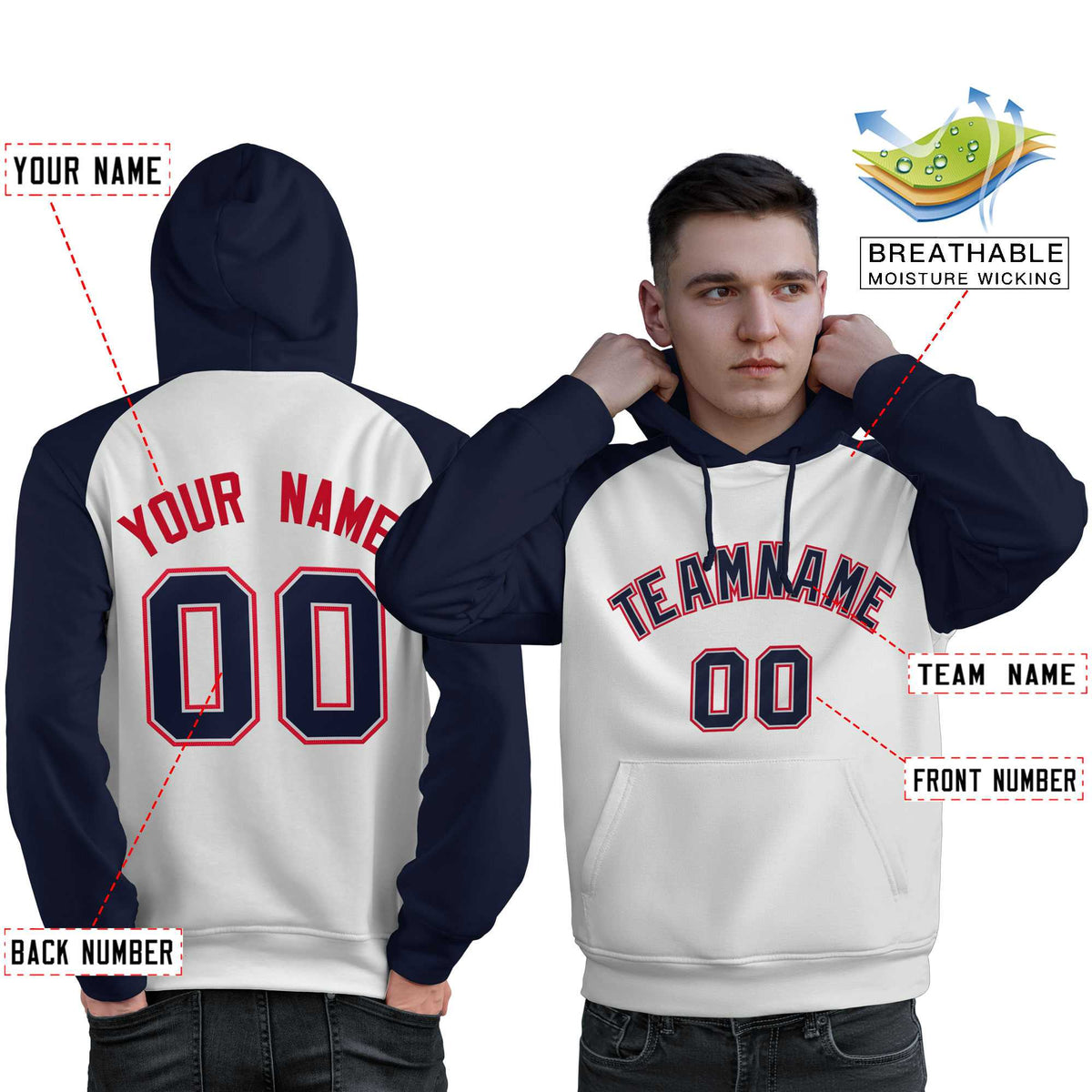 Custom Stitched White Navy Raglan Sleeves Sports Pullover Sweatshirt Hoodie For Men| KXKSHOP