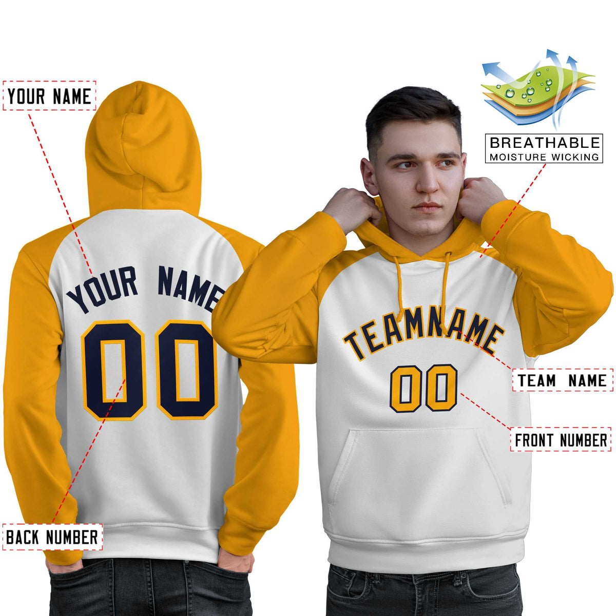 Custom Stitched White Gold-Navy Raglan Sleeves Sports Pullover Sweatshirt Hoodie For Men| KXKSHOP