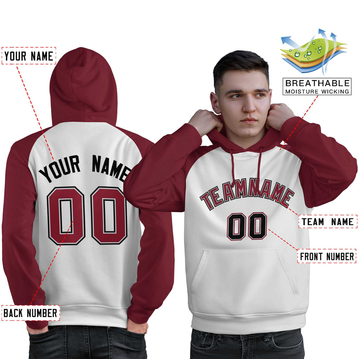 Custom Stitched White Crimson Raglan Sleeves Sports Pullover Sweatshirt Hoodie For Men| KXKSHOP