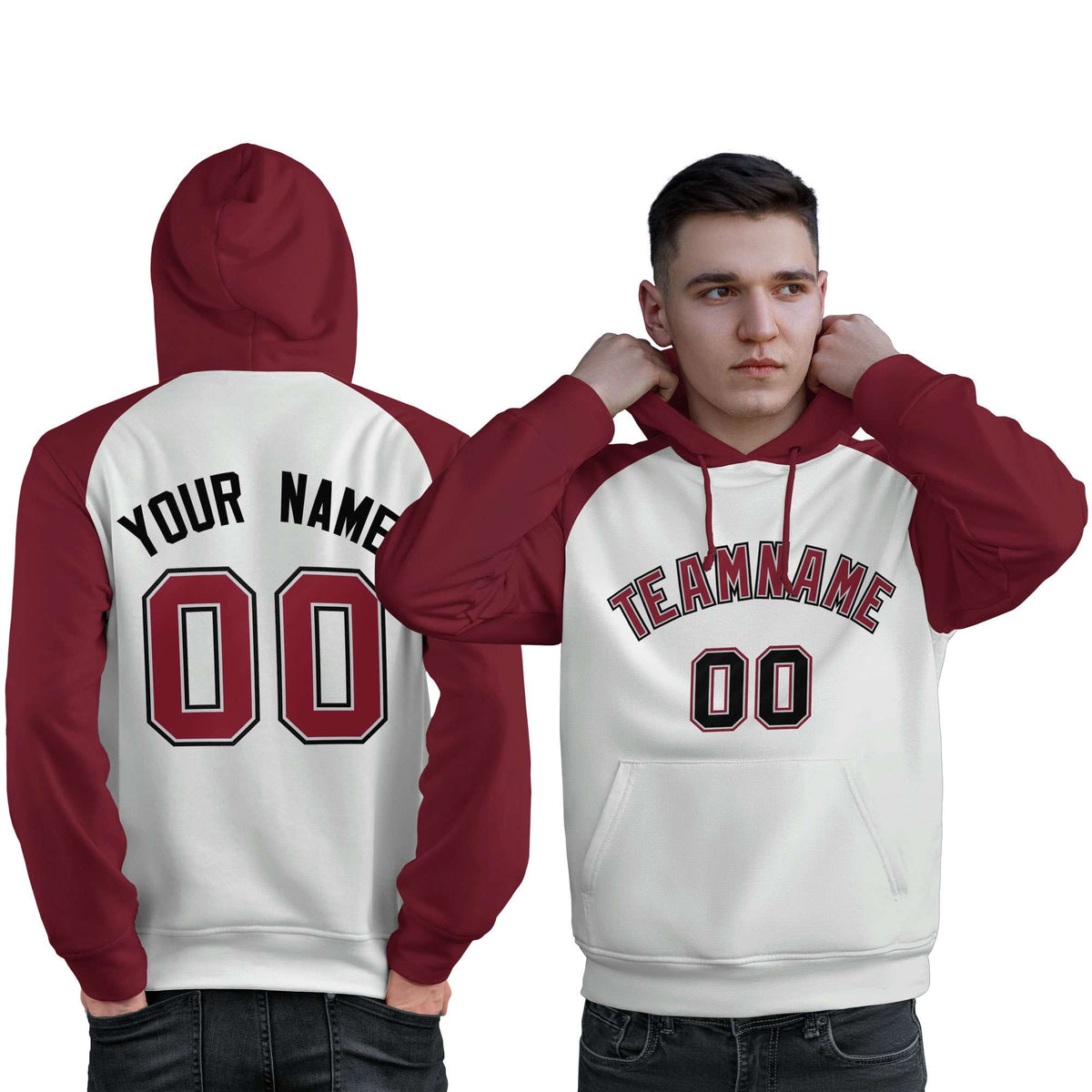 Custom Stitched White Crimson Raglan Sleeves Sports Pullover Sweatshirt Hoodie For Men| KXKSHOP