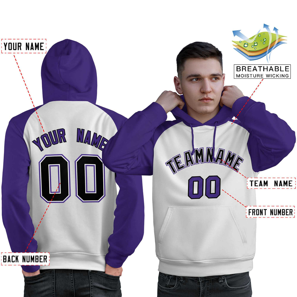 Custom Stitched White Purple-Black Raglan Sleeves Sports Pullover Sweatshirt Hoodie For Men| KXKSHOP