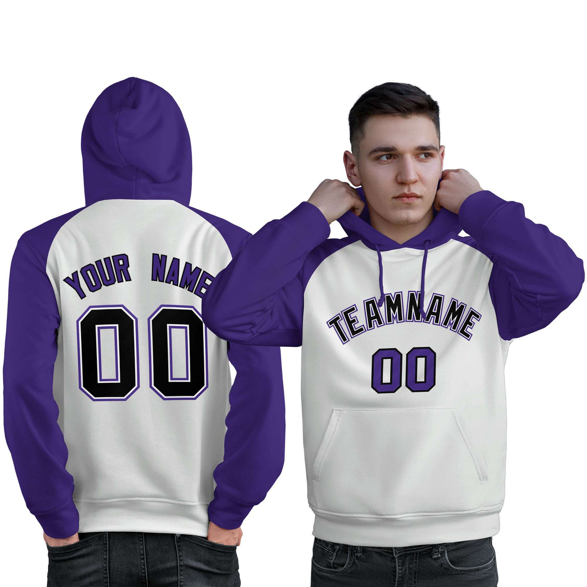 Custom Stitched White Purple-Black Raglan Sleeves Sports Pullover Sweatshirt Hoodie For Men| KXKSHOP