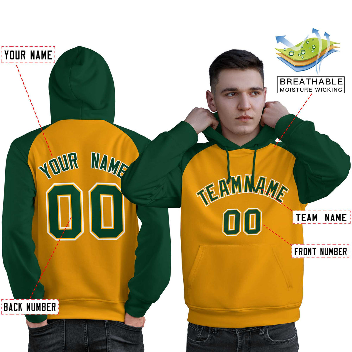 Custom Stitched Gold Green Raglan Sleeves Sports Pullover Sweatshirt Hoodie For Men| KXKSHOP