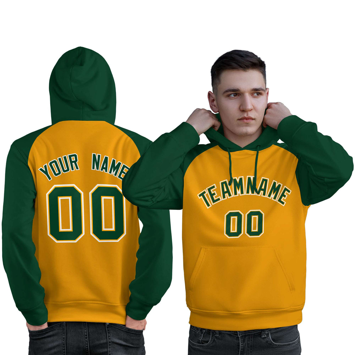 Custom Stitched Gold Green Raglan Sleeves Sports Pullover Sweatshirt Hoodie For Men| KXKSHOP